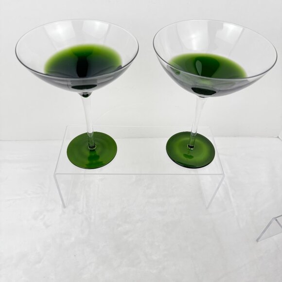 Pier 1 Elemental Green to Clear 7" Martini Cocktail Glass Tall Stem Set 2 MCM - Picture 3 of 15